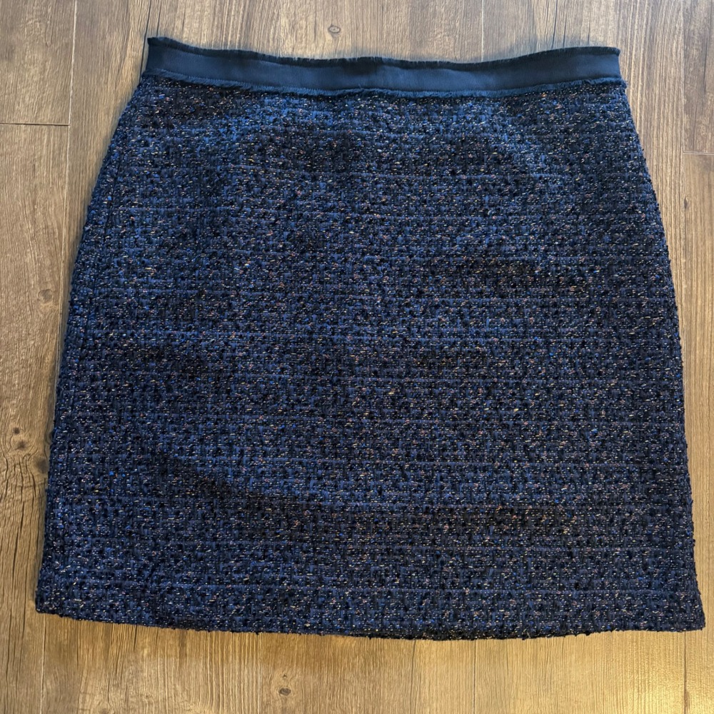 Ann Taylor Tweed Mini Skirt Navy Blue Metallic‎ Textured Wool Blend Womens 16